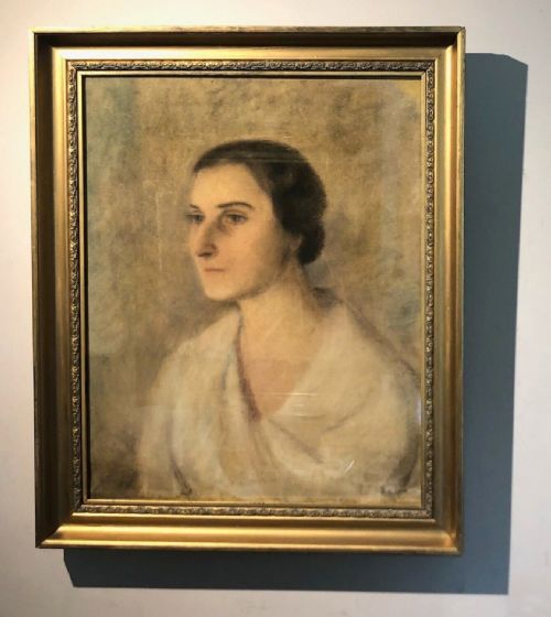 fig 1. Original early 20th Century British School Signed Antique Pastel Drawing Portrait of lady in a White Dress, Bust Length