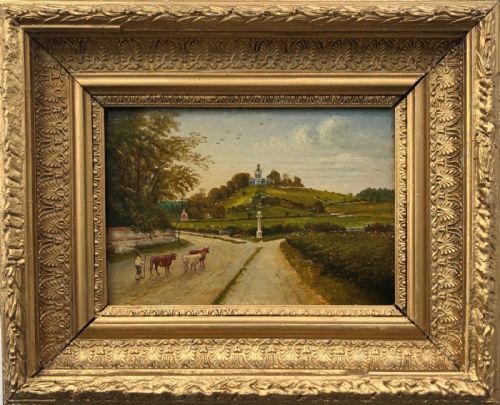 Original 19th Century English School Antique Oil Painting on Panel West Wycombe Hill Pedestal & Cattle English Landscape