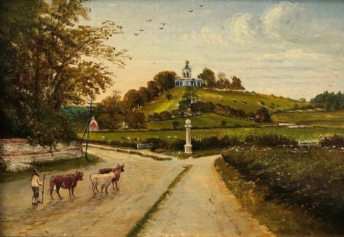 fig 1. Original 19th Century English School Antique Oil Painting on Panel West Wycombe Hill Pedestal & Cattle English Landscape
