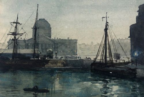 Original 19th Century Antique Watercolour Painting Liverpool Custom House from Salthouse Dock English Cityscape Landscape