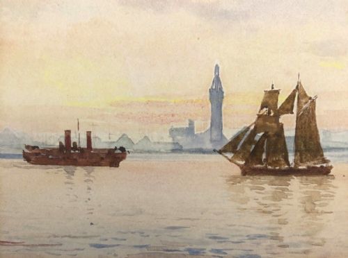 Original 19th Century Antique Watercolour Painting Possibly Liverpool Dock Skyline English Cityscape Landscape