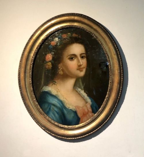 Original Late 19th Century Antique Reverse Glass Oil Painting, Portrait of a Lady with a Floral Garland