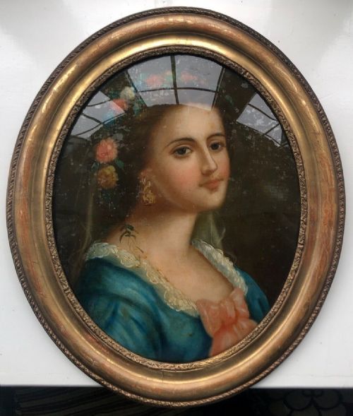 fig 1. Original Late 19th Century Antique Reverse Glass Oil Painting, Portrait of a Lady with a Floral Garland