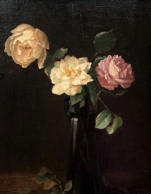 fig 1. Manner of James Stuart Park Original Antique Oil Painting on Wood Panel Still Life Study Roses in a Glass Vase