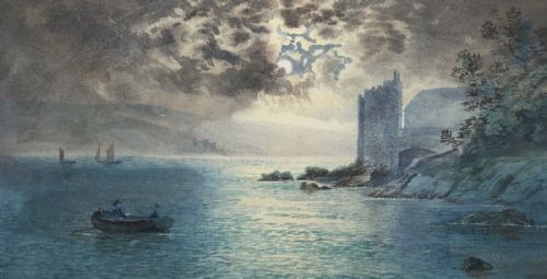 F Walters Signed Original Early 20th Century Antique Watercolour Painting Moonlight Loch Scottish Highland Landscape
