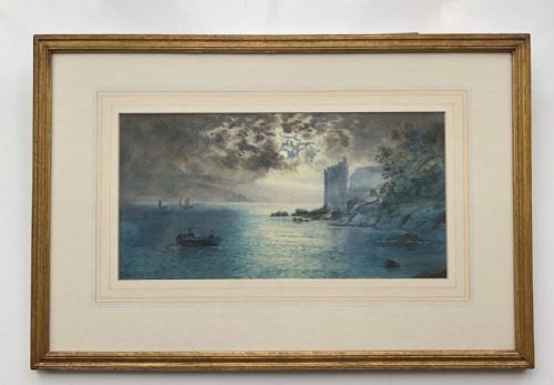 fig 1. F Walters Signed Original Early 20th Century Antique Watercolour Painting Moonlight Loch Scottish Highland Landscape