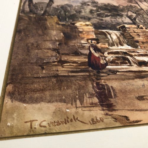 fig 1. Signed T (Thomas) Creswick 1860 Original mid 19th Century Antique Watercolour Painting Waterfall Landscape with Figure