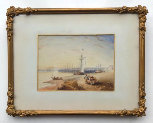 fig 1. Aberaeron Cardiganshire, Original 19th Century Antique Watercolour Painting Boats & Figures Welsh Landscape Wales Seascape