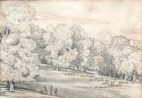 Dated 1826 Frances Wyndham, Lady Burrell Original Early 19th Century Pencil Sketch of Petworth Park Sussex English Country Estate Landscape