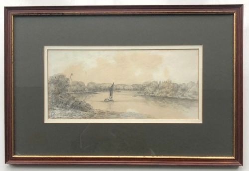 Signed Fb 1823 Frances Wyndham, Lady Burrell Original Early 19th Century Pencil Sketch, River Thames Downstream Historical English Landscape