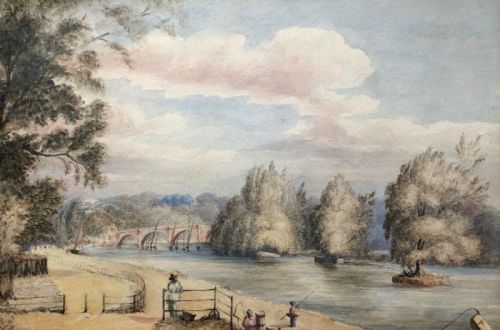 Signed Meb & Dated 1849 Original 19th Century Antique Watercolour Painting Historical View of Thames River & Richmond Bridge English Landscape