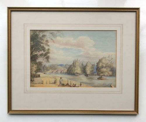 fig 1. Signed MEB & Dated 1849 Original 19th Century Antique Watercolour Painting Historical View of Thames River & Richmond Bridge English Landscape