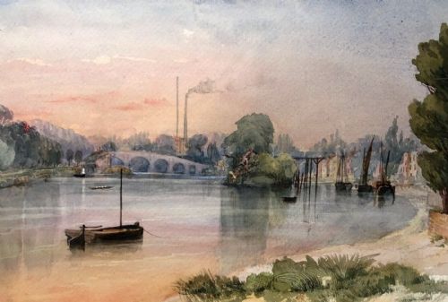 William Gray 1855 Original 19th Century Antique Watercolour Painting "Kew Bridge Richmond Thames" English River Landscape