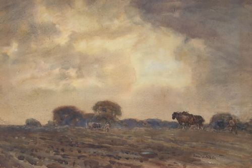 David a Baxter Signed Original Early 20th Century Antique Watercolour Painting Autumn Ploughing English Landscape