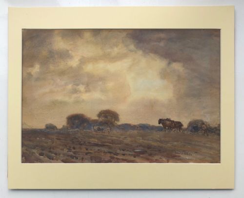 fig 1. David A Baxter Signed Original Early 20th Century Antique Watercolour Painting Autumn Ploughing English Landscape