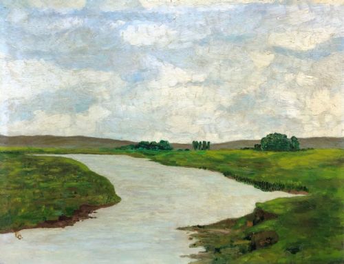 Monogrammed L.c. Mid 20th Century Original Vintage Oil Painting on Board English River Landscape Scene
