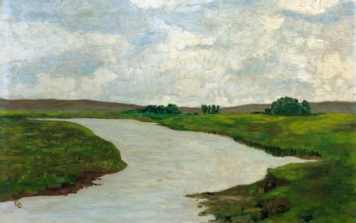 fig 1. Monogrammed L.C. Mid 20th Century Original Vintage Oil Painting on Board English River Landscape Scene