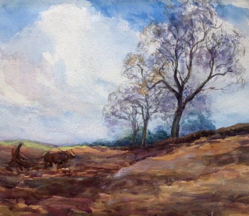 fig 1. Original Signed Early 20th century Antique Watercolour Painting Ploughing Horses Tree English Country Landscape
