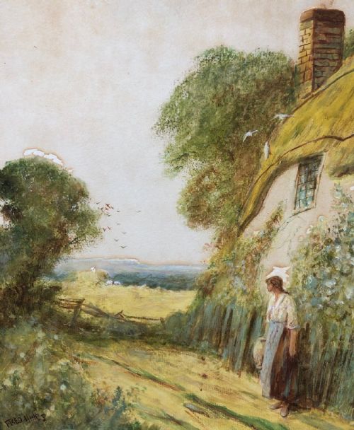 Frederick Hines Signed Original Late 19th Century Antique Watercolour Painting 'Harvest Time" English Country Landscape