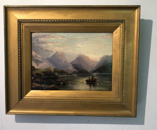 fig 1. Indistinctly Signed Original 19th Century Antique Oil Painting on Wood Panel Scottish Loch & Mountain Landscape