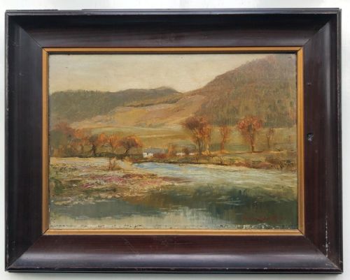fig 1. Archer L Smith Signed Original Early 20th Century Antique Oil Painting on panel 'A Welsh Valley' Wales River & Mountain Landscape