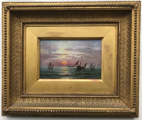 Indistinctly Signed Original 19th Century Framed Oil Painting on Wood Panel, Possibly South Coast Devon Sunset Seascape with Fishing Boats
