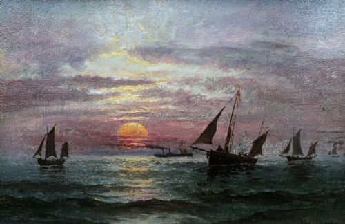 fig 1. Indistinctly Signed Original 19th Century Framed Oil Painting on Wood Panel, Possibly South Coast Devon Sunset Seascape with Fishing Boats