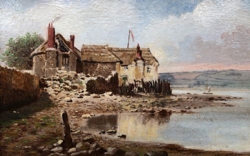 Indistinctly Signed Original 19th Century Antique Oil Painting on Wood Panel Old Cottages Possibly Teignmouth in Devon English Coastal Landscape