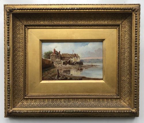 fig 1. Indistinctly Signed Original 19th Century Antique Oil Painting on Wood Panel Old Cottages Possibly Teignmouth in Devon English Coastal Landscape