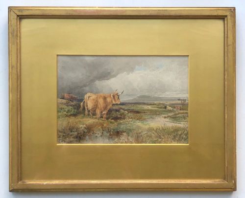 fig 1. William H Pigott Signed Original 19th Century Antique Watercolour Painting Horned Cattle in a Moorland Landscape