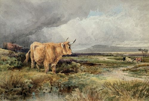 William H Pigott Signed Original 19th Century Antique Watercolour Painting Horned Cattle in a Moorland Landscape