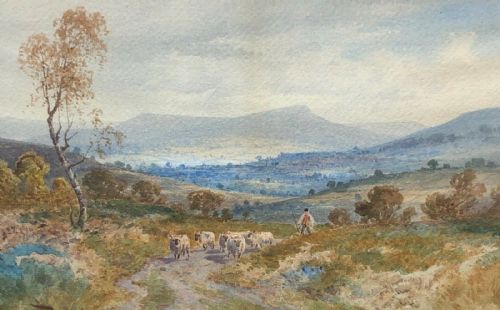 Charles Pigott Signed Original Early 20th Century Antique Watercolour Painting Shepherd with His Flock in Derbyshire Hills, English Landscape
