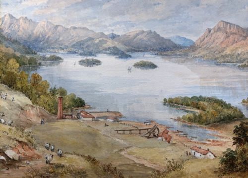 fig 1. A mid-19th-century watercolour painting depicting Derwentwater in the English Lake District with surrounding mountains, lake waters, grazing sheep, and shoreline buildings.