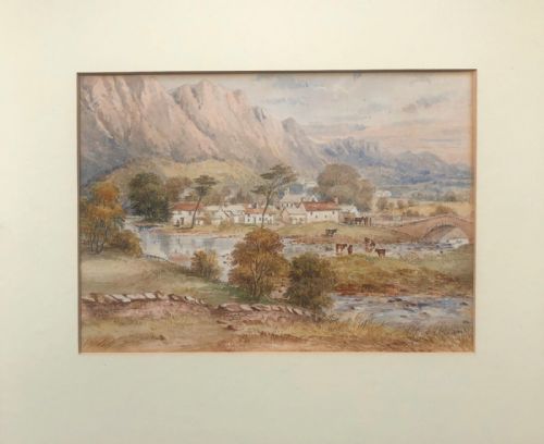 fig 1. Attributed to James Drummond Original mid 19th Century Antique Watercolour Painting Grange Village Borrowdale English Lake District Landscape