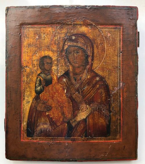 fig 1. Early 19th Century Orthodox Religious Icon, Depicting Madonna of the 3 Hands & Child Oil Painting & Gold Leaf Embellishment on Wood Panel Possibly from a Larger Screen