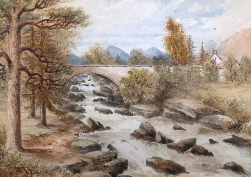 Attributed to James Drummond Original 19th Century Antique Watercolour Painting River Bridge, Killin Scotland Scottish Highland Landscape
