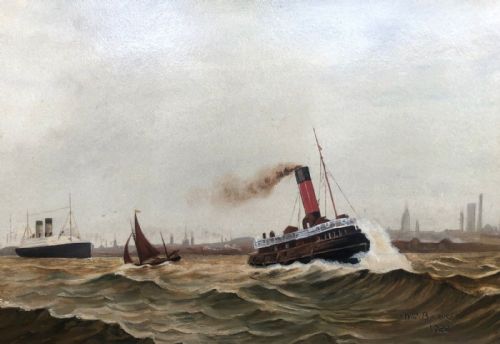 Signed Wm Barker Original Early 20th Century Antique 1922 Oil Painting Liverpool Estuary Ship Scene