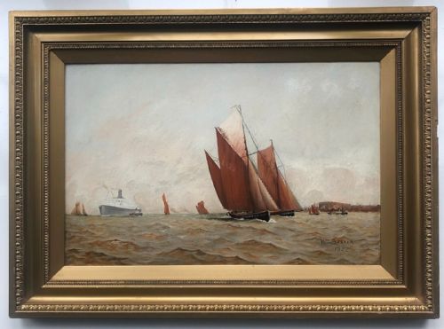 fig 1. Signed Wm Barker Original early 20th Century Antique 1922 Oil Painting on Board Liverpool Seascape Mersey Estuary Ship View