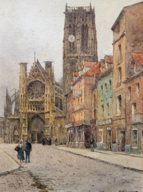 Adam Knight Signed Original 19th Century Antique Watercolor Painting St Jacques Church Dieppe France French Townscape
