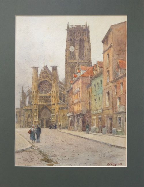 fig 1. Adam Knight Signed Original 19th Century Antique Watercolor Painting St Jacques Church Dieppe France French Townscape