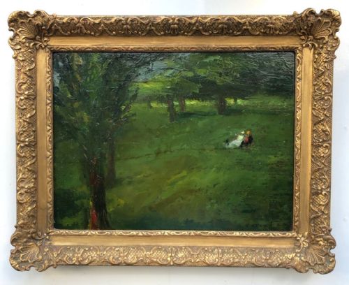 Charles Horwood Signed Mid 20th Century Vintage Original Oil Painting on Board Figures Resting in a London Park English Landscape