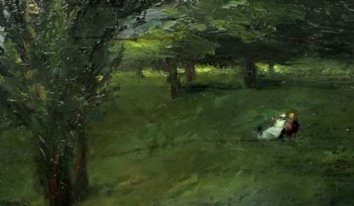 fig 1. Charles Horwood Signed mid 20th Century Vintage Original Oil Painting on Board Figures Resting in a London Park English Landscape