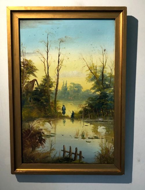 British School Original Early 20th Century Antique Signed Oil Painting on Canvas Figures Fishing in Wooded Landscape 1