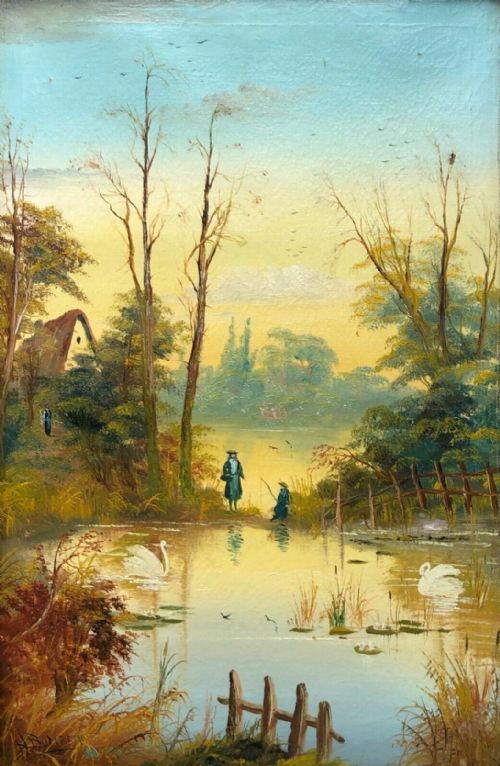 fig 1. British School Original early 20th Century Antique Signed Oil Painting on Canvas Figures Fishing in Wooded Landscape 1