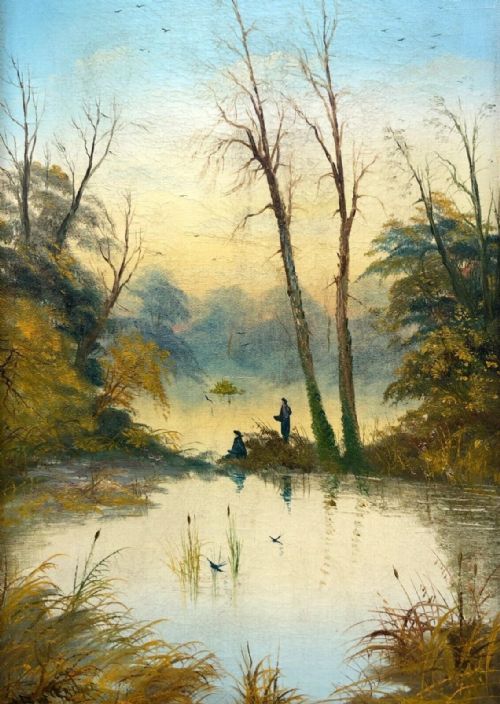 fig 1. British School Original early 20th Century Antique Signed Oil Painting on canvas Figures Fishing in Wooded Landscape 2