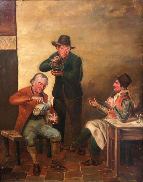 fig 1. Original 19th Century Dutch School Antique Oil Painting Topers in a Tavern Interior Study Manner of Egbert van Heemskerck