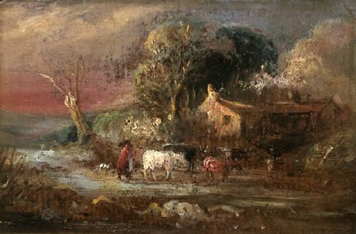 Original 19th Century English School Antique Oil Painting Woman Driving Cattle English Farming Landscape