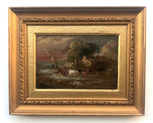 fig 1. Original 19th Century English School Antique Oil Painting Woman Driving Cattle English Farming Landscape
