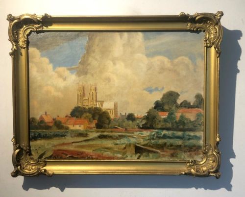 Francis Kenneth Elwell Signed Original 1935 Oil Painting on Canvas Beverley Minster East Riding Yorkshire Landscape