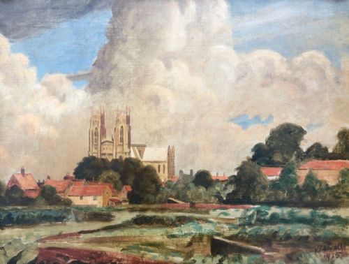 fig 1. Francis Kenneth Elwell Signed Original 1935 Oil Painting on Canvas Beverley Minster East Riding Yorkshire Landscape